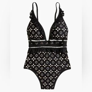 Scalloped ruffle plunging one-piece swimsuit in laser-cut eyelet size 10 NWT